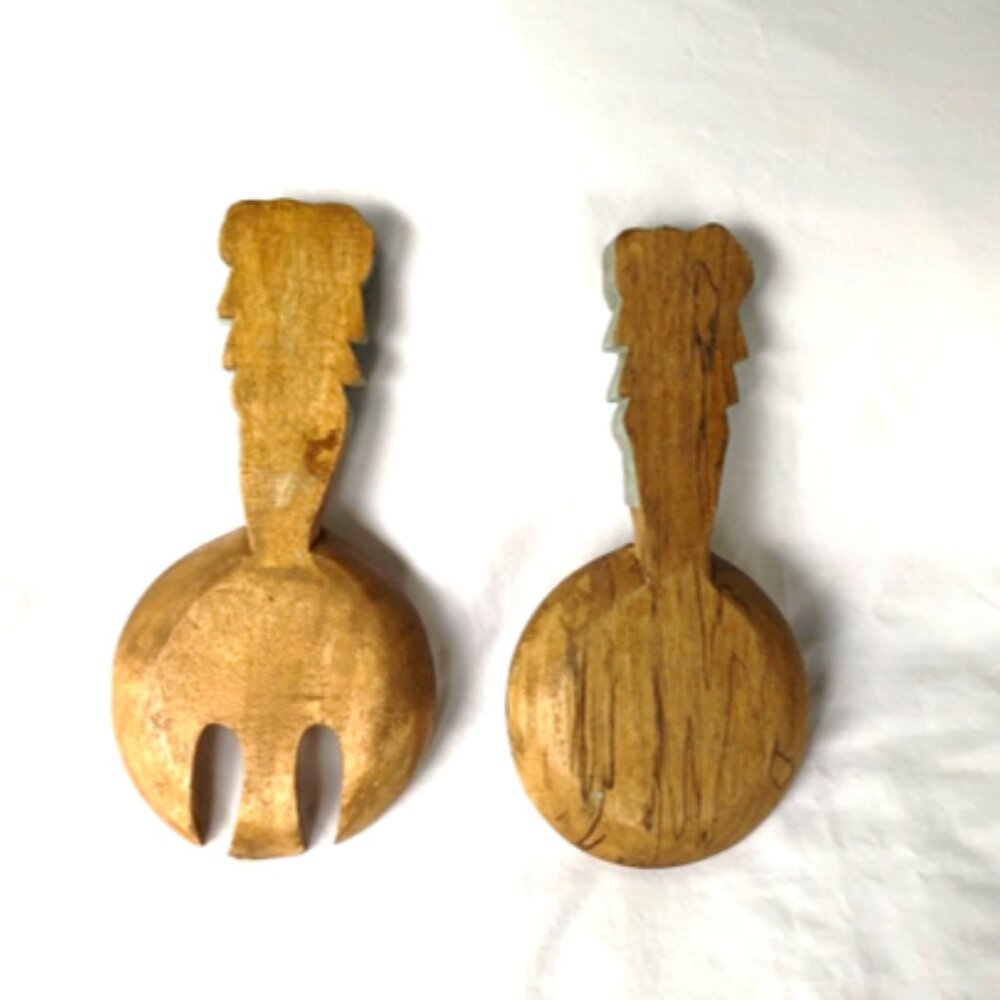 Handcrafted Wooden Salad Bowl Set with Floral Handles - Picture 3 of 11